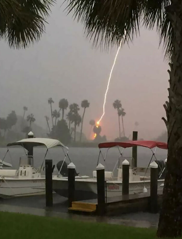 Mi madre estaba tratando de sacar una foto de las palmeras durante una tormenta y justo cayó un rayo 