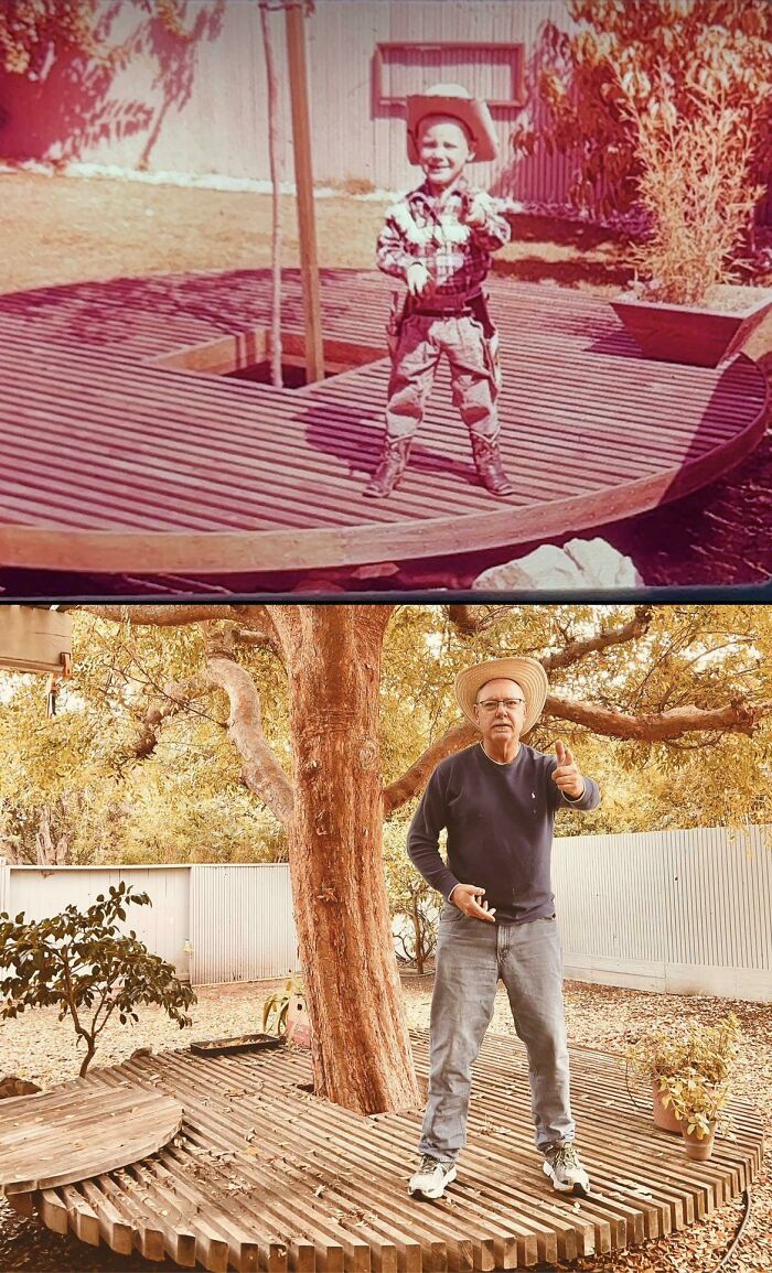 Un vaquero y su árbol a los 4 y 63 años