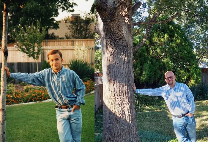 Yo en el patio trasero de mis padres menos de un año después de mudarnos y yo casi 30 años después, cuando vendieron la casa