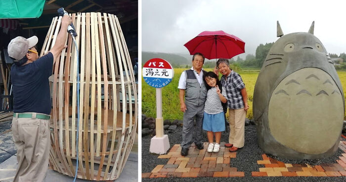 Mi abuelo hizo una estatua de Totoro para que la gente no se sienta sola en la parada del autobús 