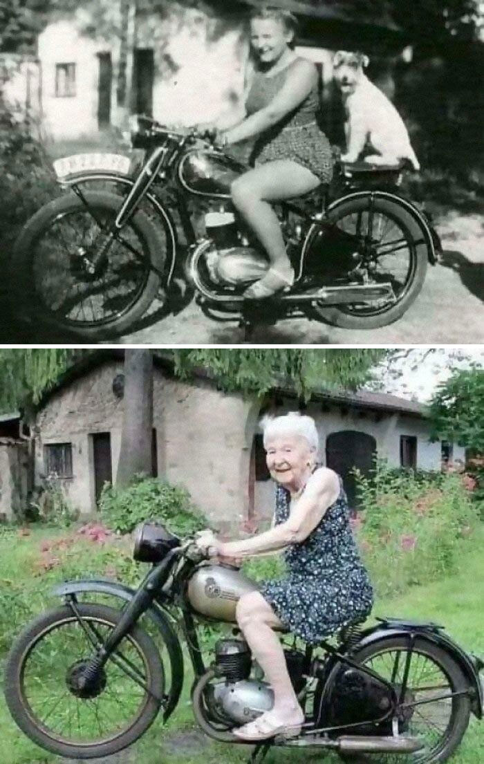 72 años de diferencia. La misma casa. La misma mujer. La misma moto