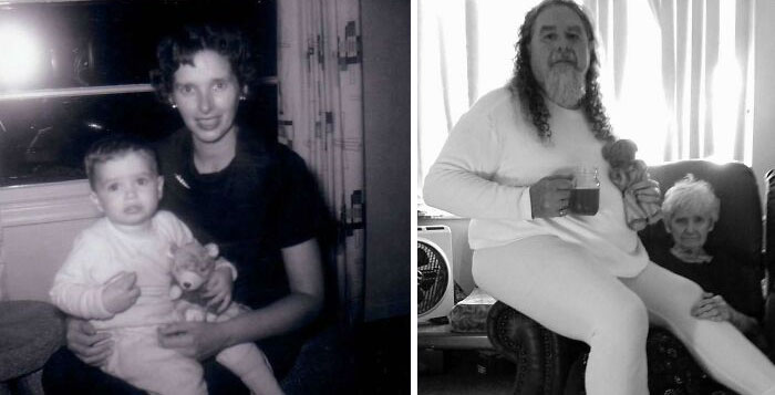 La misma mamá, el mismo yo, el mismo osito de peluche con 55 años de diferencia