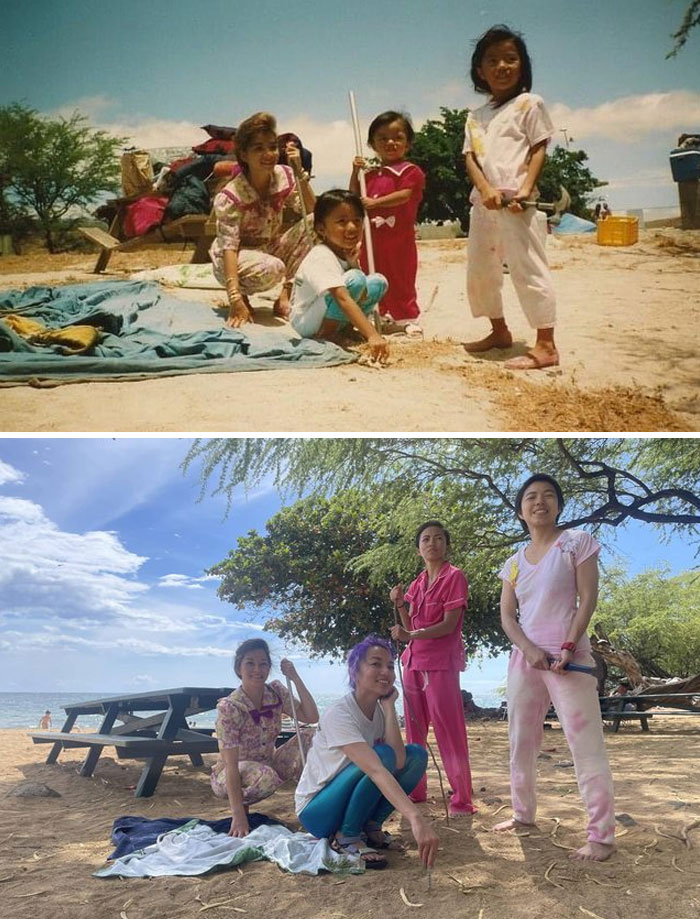 Mis hermanas y yo recreamos una foto en la misma playa de Hawai (1991-2022)