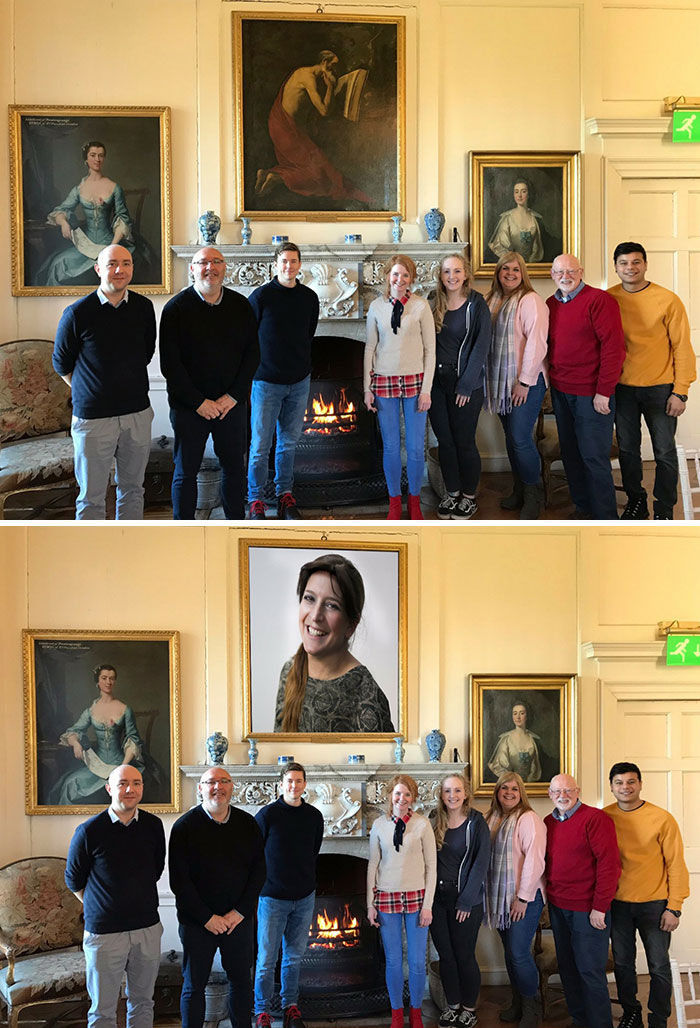 Mi madre se perdió una foto de grupo y se ofreció a photoshopearse en ella