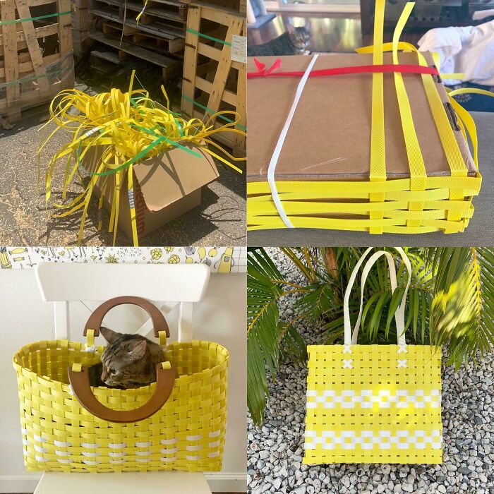 Tomo flejes de plástico de los desechos de las ferreterías y los convierto en cestas resistentes, funcionales y modernas. (A mis gatos también les encantan)