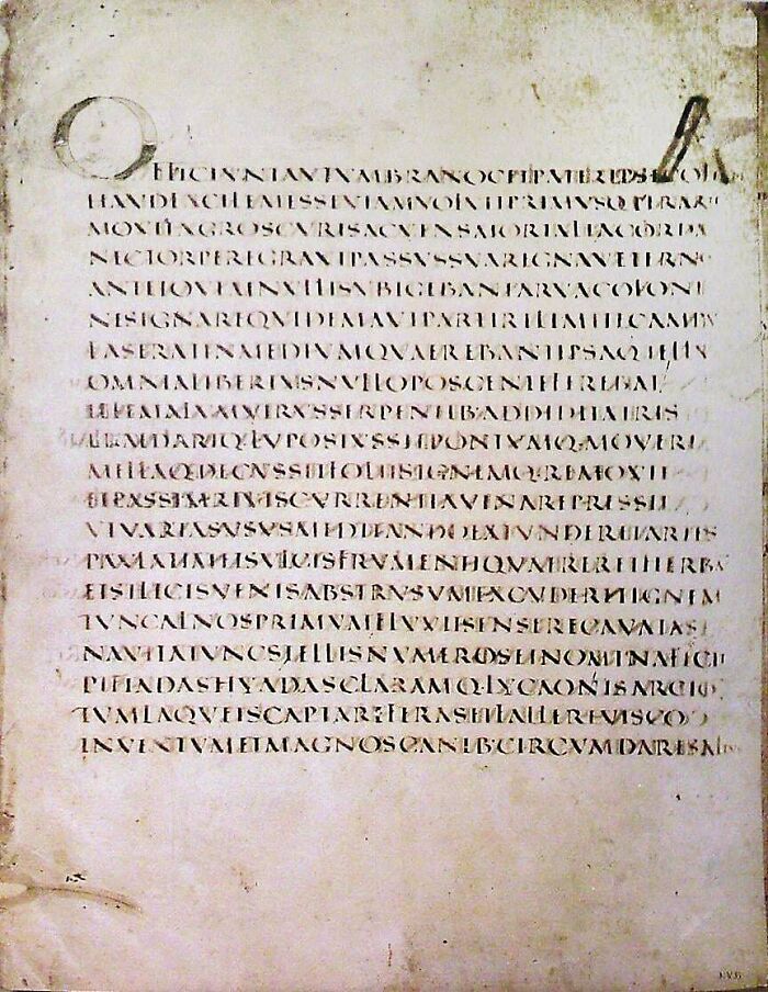El Vergilius Augusteus, uno de los dos únicos manuscritos antiguos que se conservan escritos minuciosamente en mayúsculas cuadradas romanas