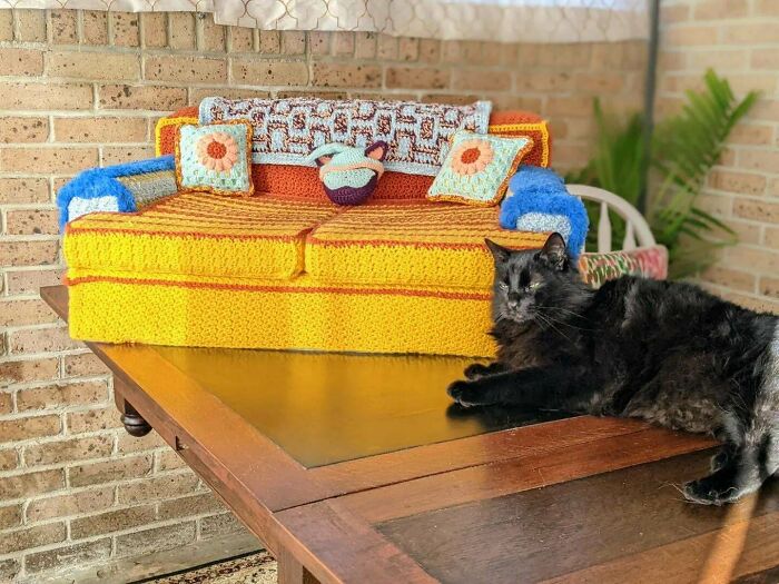 Sofá que hice específicamente para mi gato de tamaño XL. ¡La mayoría de los muebles para gatos son demasiado pequeños para él, así que lo hice completo con las almohadillas, la manta, la máscara del ojo y un gorro de dormir! ¡Disfrutadlo!
