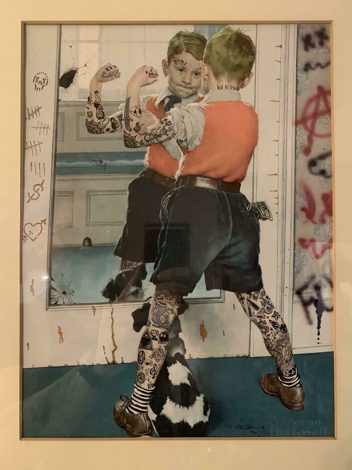 Me gusta pintar sobre obras de arte de tiendas de segunda mano. Finalmente conseguí una de Norman Rockwell 