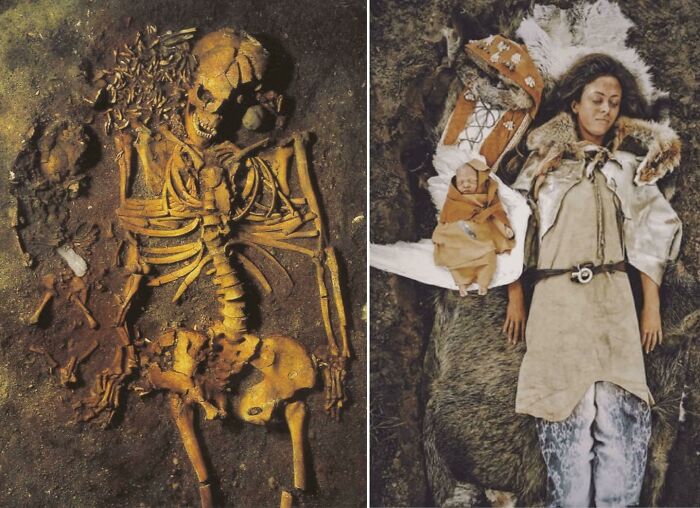 Una tumba de hace 7000-6000 años de una joven mujer (de unos 20 años al momento de su muerte) y su recién nacido en Vedbæk, Dinamarca. Junto a la cabeza de ella se encontraban 200 dientes de ciervo rojo, y el niño está acunado en el ala de un cisne con un cuchillo de pedernal en su cadera. Se cree que murieron juntos en el parto