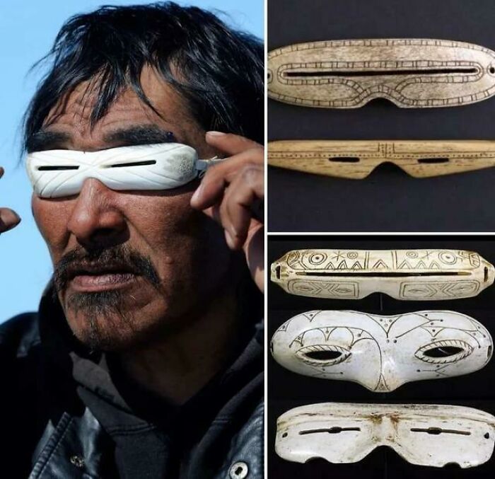 Hace miles de años, los Inuit y los Yupik de Alaska y el norte de Canadá tallaron estrechas hendiduras en marfil, asta y madera para crear las primeras gafas de nieve del mundo. De este modo, se reducía la exposición a los rayos ultravioletas directos y reflejados, lo que disminuía la fatiga ocular y evitaba la ceguera por la nieve