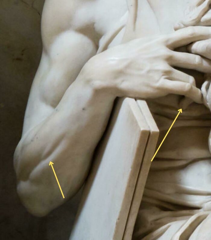 Hay un músculo muy pequeño en el antebrazo que se contrae solo al levantar el dedo meñique. La escultura de Moisés de Miguel Ángel está levantando el dedo meñique, por lo tanto, ese músculo está contraído. Una increíble atención al detalle. 