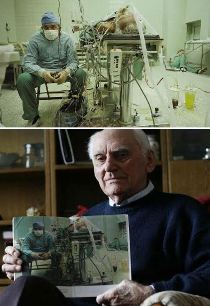Imagen del Dr. Religa controlando las constantes vitales de su paciente tras un trasplante de corazón de 23 horas de duración. En la parte inferior hay una foto del mismo paciente, 30 años después. Consiguió sobrevivir a su médico