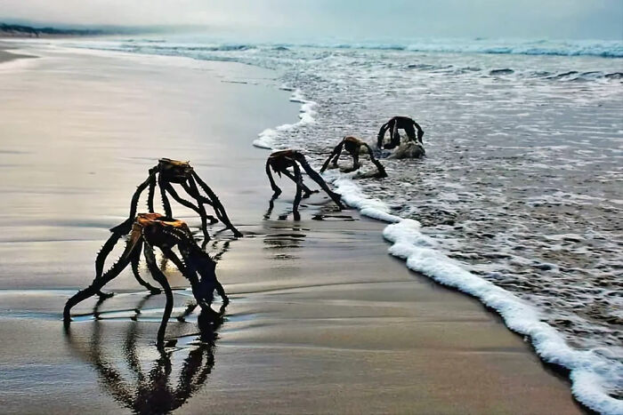 Hojas secas invertidas de áloe feroz arrastradas por el mar, ¿por qué, naturaleza?