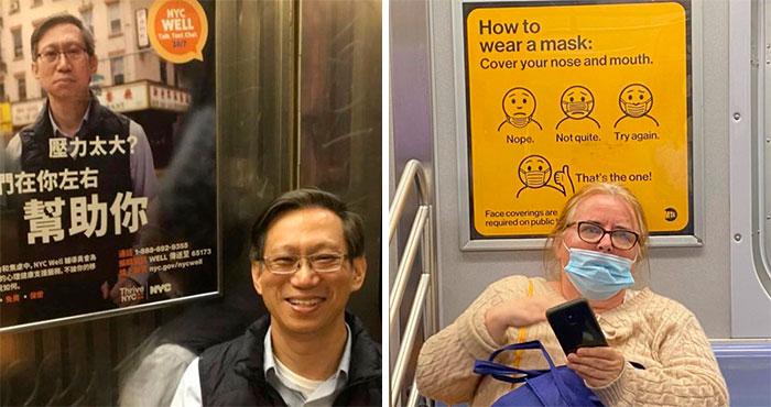 30 Sorprendentes y surrealistas «fallos en Matrix» con gente sentada bajo carteles del metro que se les parecen