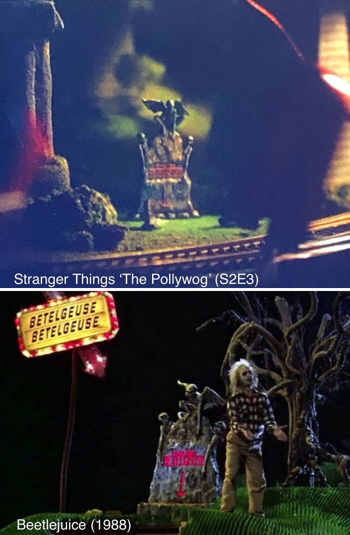 En el episodio de Stranger Things " Capítulo tres: El Renacuajo' (S2e3), si miras de cerca la maqueta de la ciudad del Sr. Clarke, puedes ver la lápida de Betelgeuse de Beetlejuice (1988)