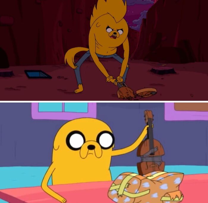 En el episodio de Hora de Aventuras "¿Qué faltaba?" (Temporada 3 - episodio 10), Jake rompe su violín por la mitad, así que durante el resto de la serie lo mantiene unido con cinta adhesiva
