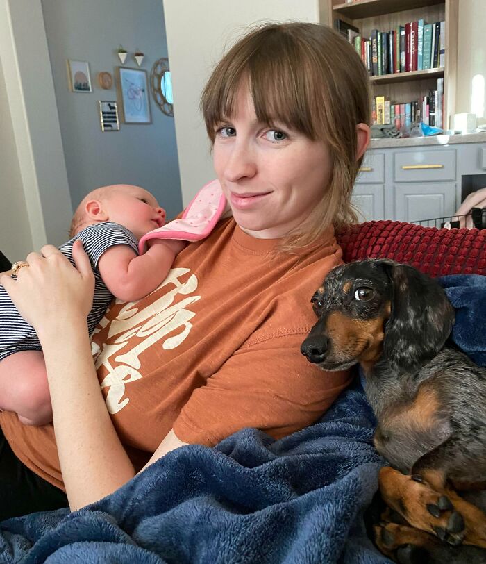  Nuestro perro no se ha separado de mi mujer desde que llegó el bebé. Es un hermano mayor orgulloso 