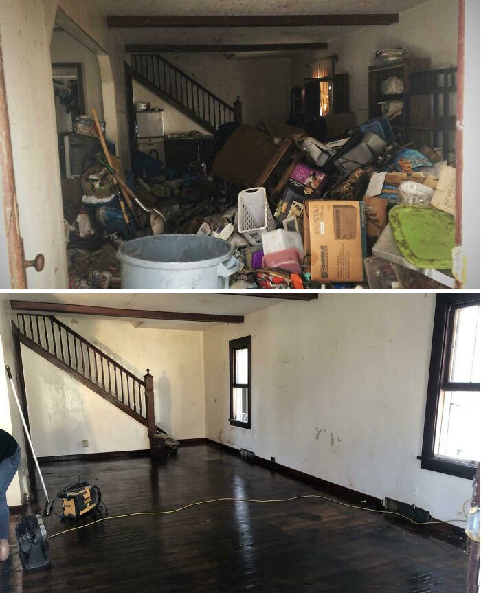 Antes y después de una casa de acaparadores que limpiamos. Listo para renovar
