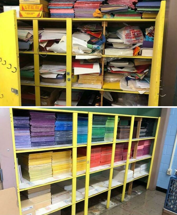 Soy profesora de arte y me he trasladado a un nuevo centro. La profesora anterior no compartía mi amor por la organización. He aquí el antes y el después de mi armario de papel
