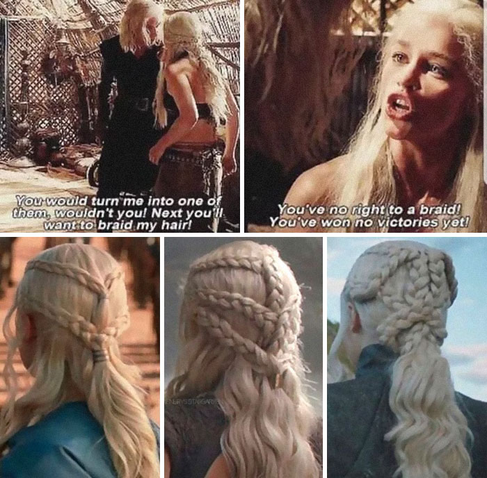 En JDT, Daenerys se hace más trenzas en el pelo a medida que gana más victorias, siguiendo la tradición dothraki y demostrando su valor como khaleesi