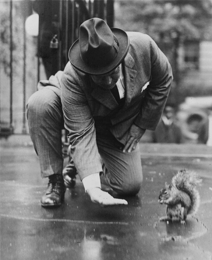 Hombre alimentando a la ardilla Pete frente a la Casa Blanca, 1922