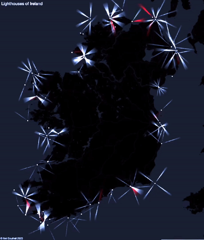 Todos los faros de Irlanda, con sus tiempos, patrones de luz y colores