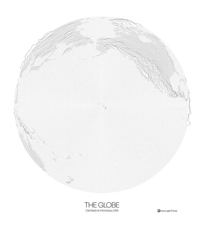 Mapa topográfico del mundo centrado en Honolulú, hecho a partir de una única línea espiral