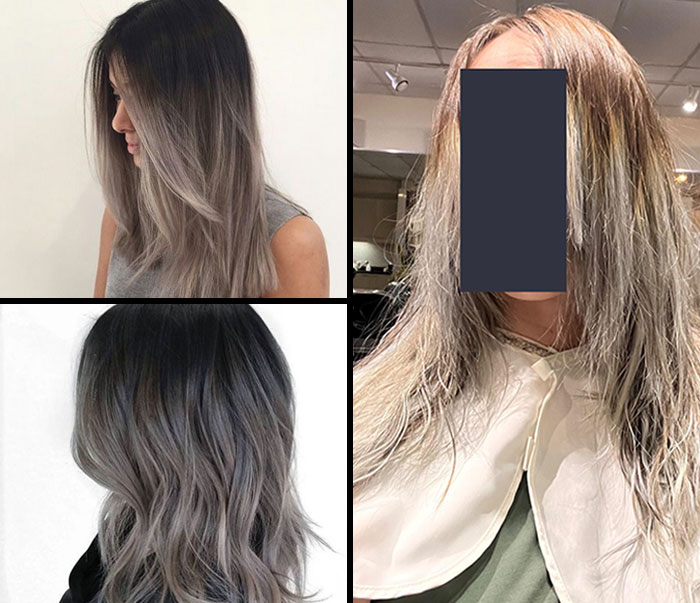 Pagué 700$ a la estilista para que me hiciera esto, e insistió en que estaba igual que en la foto. Esto es lo que me hizo