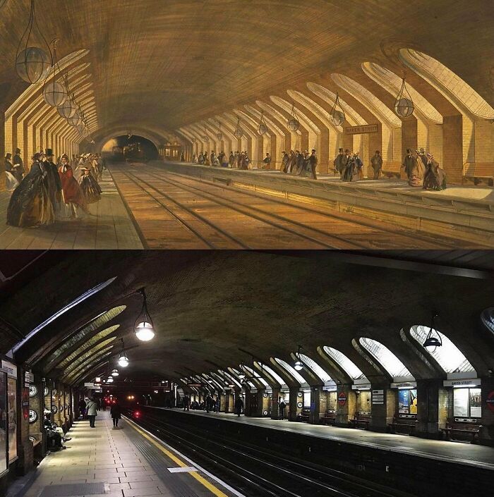 La estación de metro más antigua del mundo, Baker Street en Inglaterra. 160 años de diferencia.