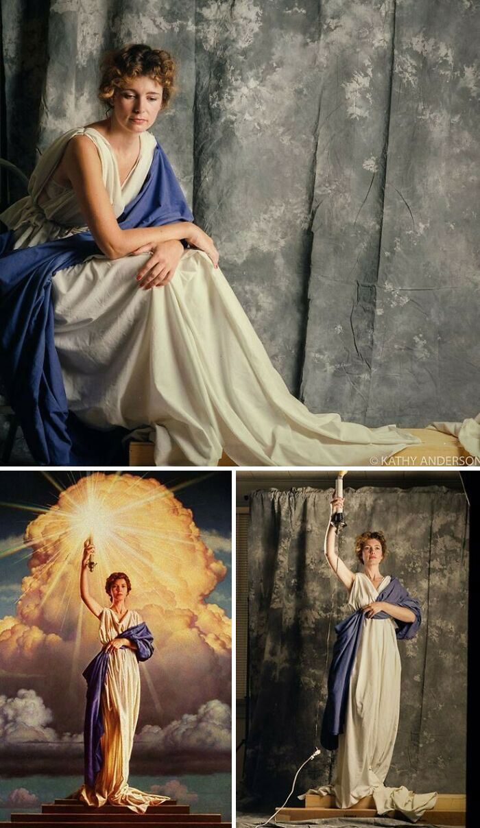 Jenny Joseph haciendo de modelo para el logo de Columbia Pictures, 1992. Nunca había sido modelo antes, ni lo fue después