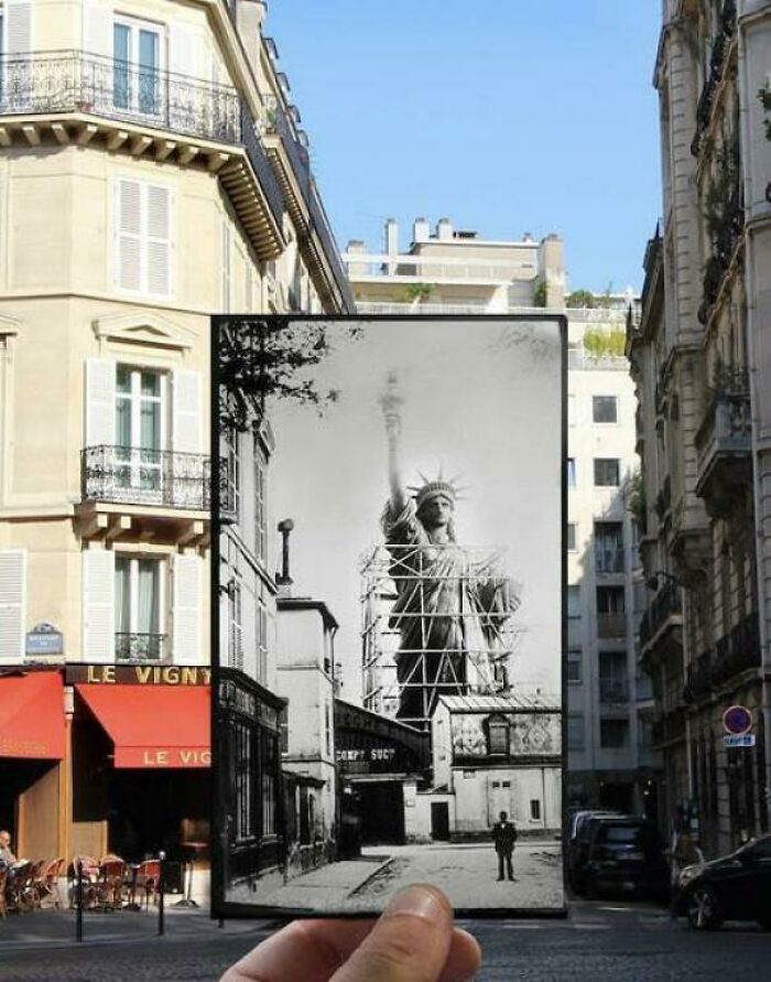 Construcción de la estatua de la libertad en París, 1882 aprox. Composición fotográfica de Julian Knez