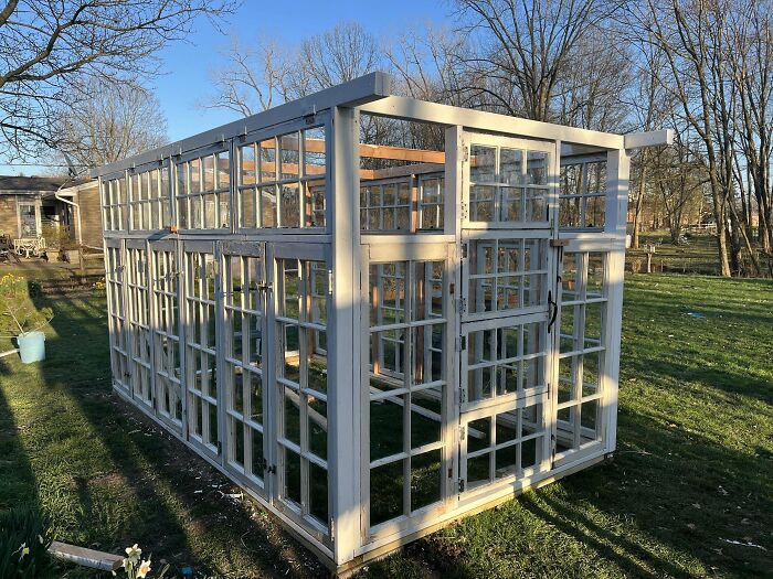 Mi marido compró 32 ventanas viejas y las usa para construir un invernadero. Le falta el techo aún
