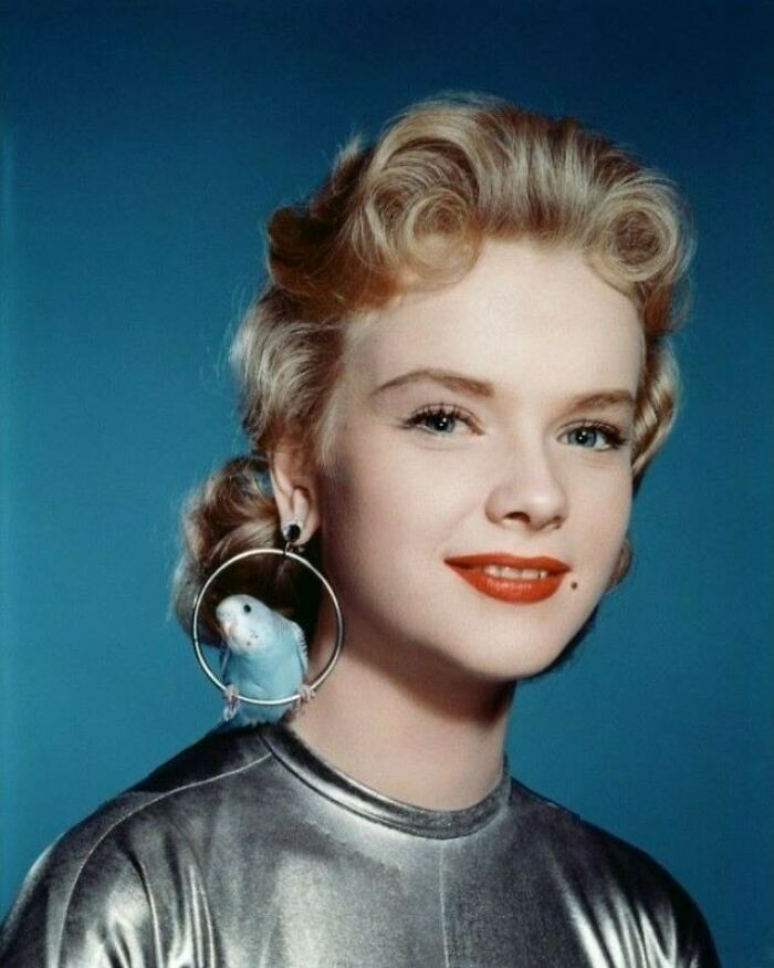 Anne Francis llevando pendientes con pájaros de verdad en ‘Forbidden Planet’ (1956)