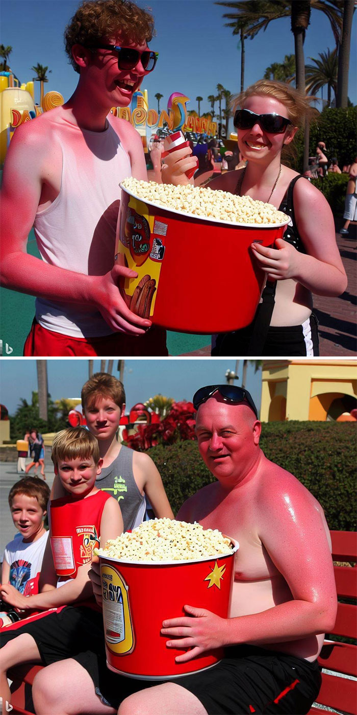 Británicos quemados por el sol en el Disney World de Florida comiendo palomitas