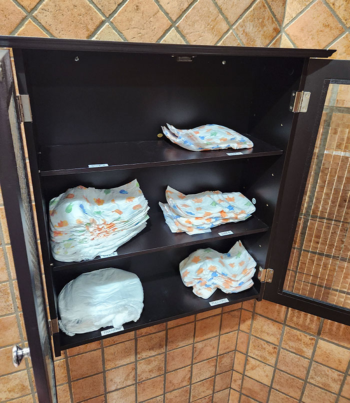 El cuarto de baño de hombres en esta tienda tiene una selección de pañales gratis