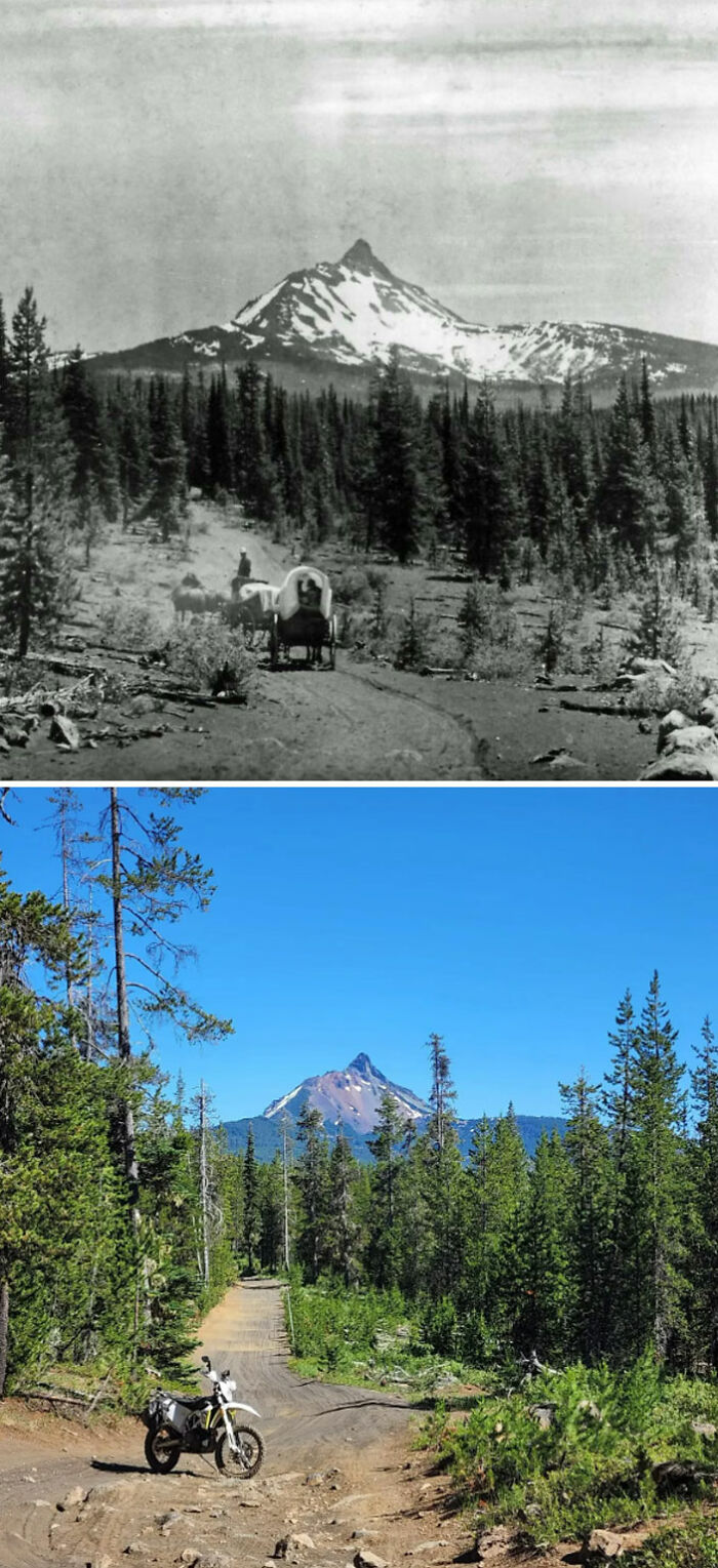 Camino de caravanas en Oregón. Fecha desconocida y 2022, pero el camino se usó entre 1860 y la década de 1930