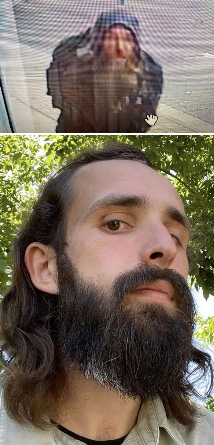 La 1ª foto es de un criminal buscado en mi ciudad, y la 2ª soy yo, que es por lo que me rodearon 6 policías anoche volviendo a casa