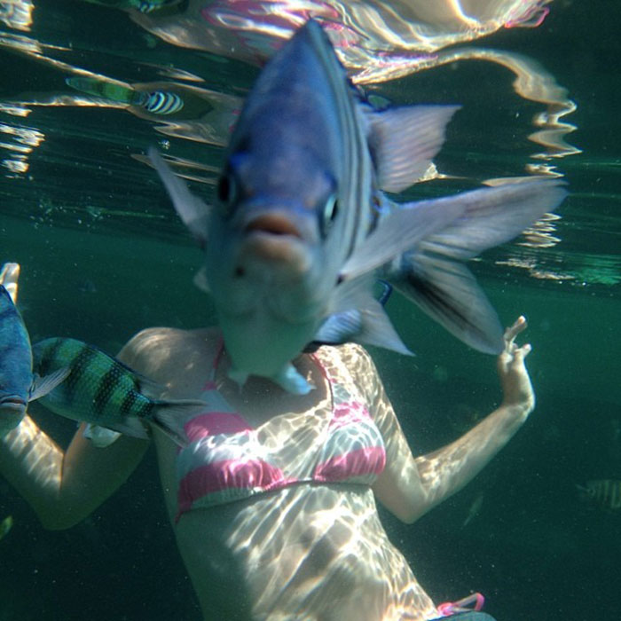 Mi amigo intentando hacer una foto submarina de su esposa durante la luna de miel