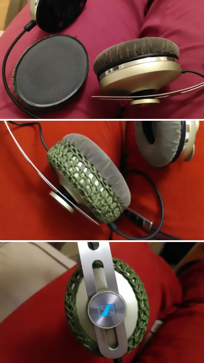 Se cayó la almohadilla de los auriculares y lo arreglé con ganchillo