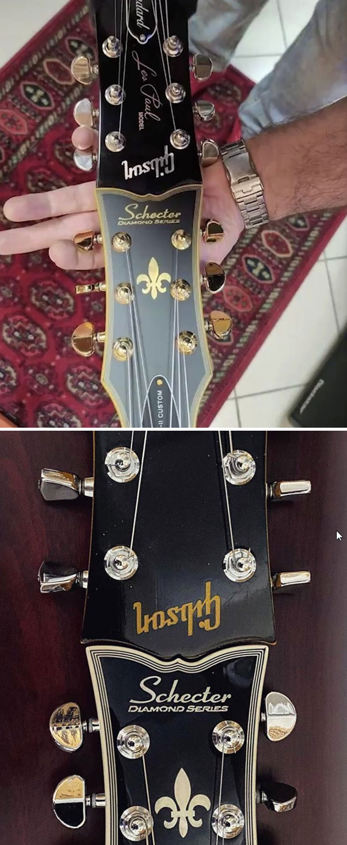 Guitarras Gibson y Schecter encajando perfectamente por el clavijero