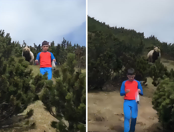 Oso acechando a un niño, que consigue mantener la calma gracias a su padre
