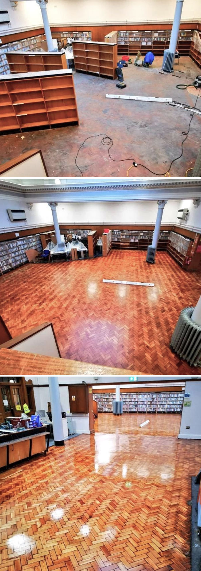 Parquet de madera de 117 años hallado bajo la moqueta en una biblioteca de Glasgow