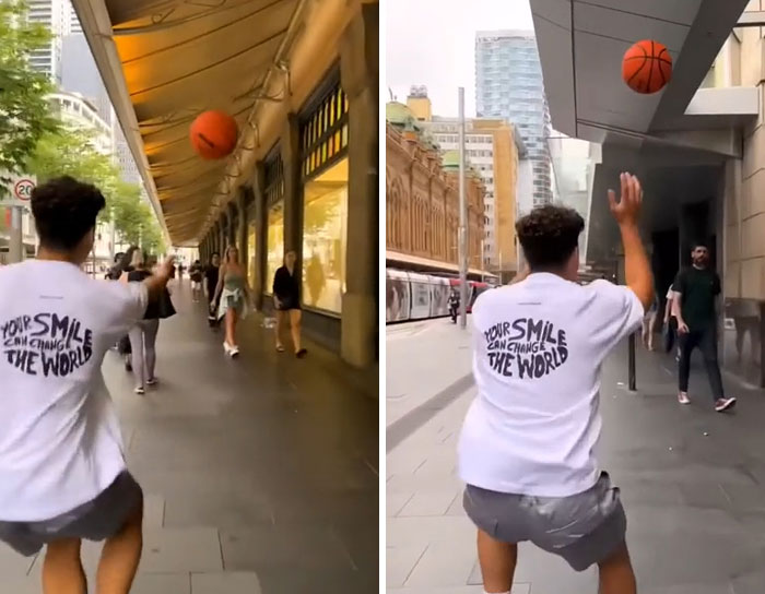 Arrojando pelotas de baloncesto a desconocidos