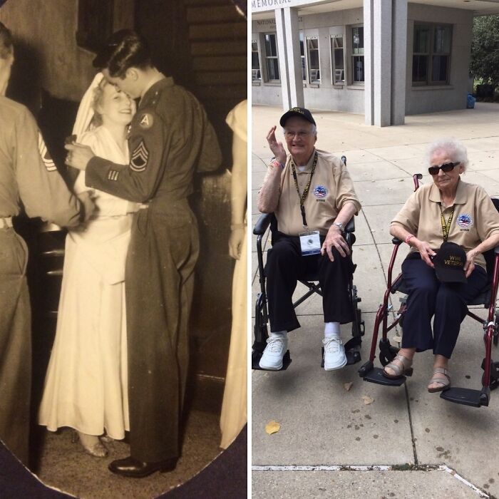 Esta pareja se conoció en la 2ª Guerra Mundial y se casó en Alemania. Ella intercambió 2 cartones de cigarrillos por un paracaidas para hacer su vestido de novia