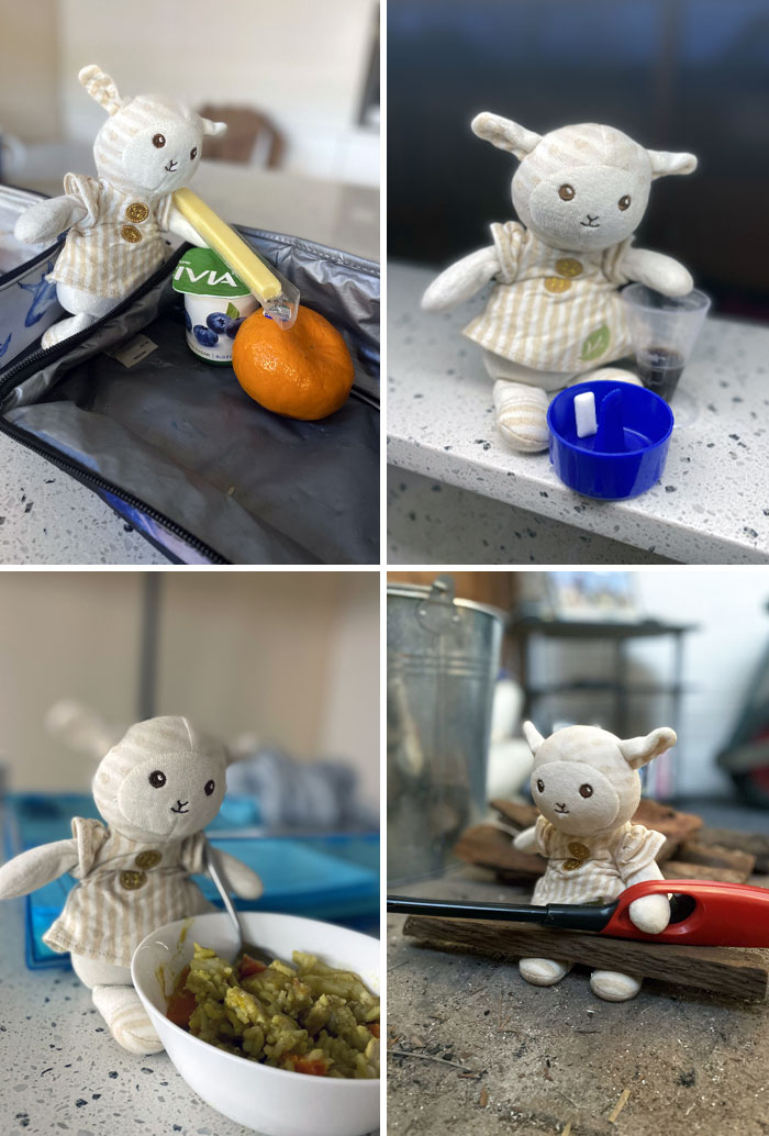 Mi hija olvidó su juguete favorito en el coche y estaba muy disgustada. Le envié fotos para mostrarle que Sheepy estaba bien y me ayudaba en el trabajo