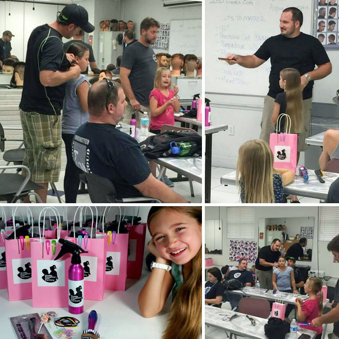 Creé una clase de peluquería para padres e hijas para ayudar a otros padres a aprender a peinar. Tuvimos una pequeña clase llena de padres que aprendieron cepillado básico, colas de caballo, trenzas y moños