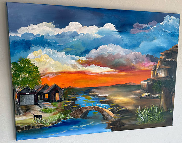 Mi madre tiene 67 años y aprendió a pintar viendo a Bob Ross. Ella está pintando mis hermanos y yo lienzos de nuestras casas. Incluso incluyó a mi perro Jax
