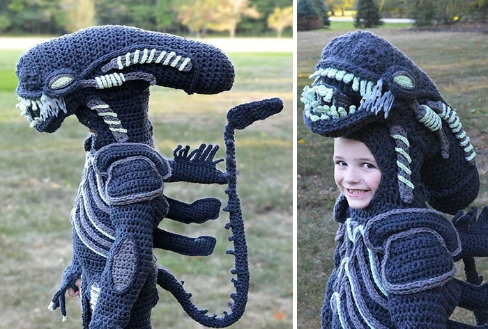 Hago disfraces de cuerpo entero a ganchillo para mi hijo. Este año fue de Xenomorfo