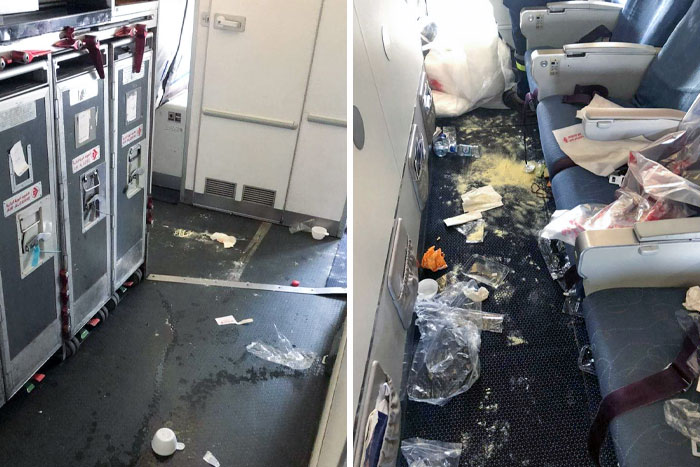 Así han dejado el avión estos pasajeros llegados de Canadá. Va a salir con retraso porque hay que limpiar todo esto
