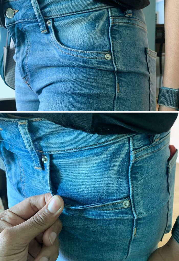 Estos vaqueros son carísimos, pero no tienen ni bolsillo real. No puedo ni devolverlos